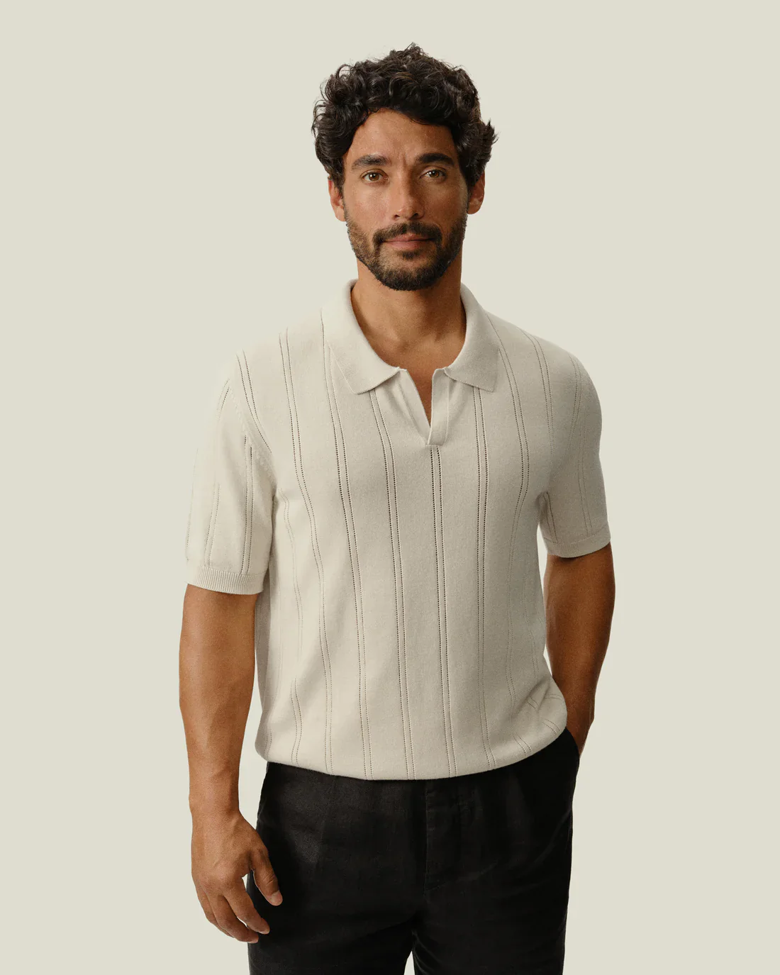 Alex Crane - Lolo Drop Needle Sweater Polo in Shell - Image 3