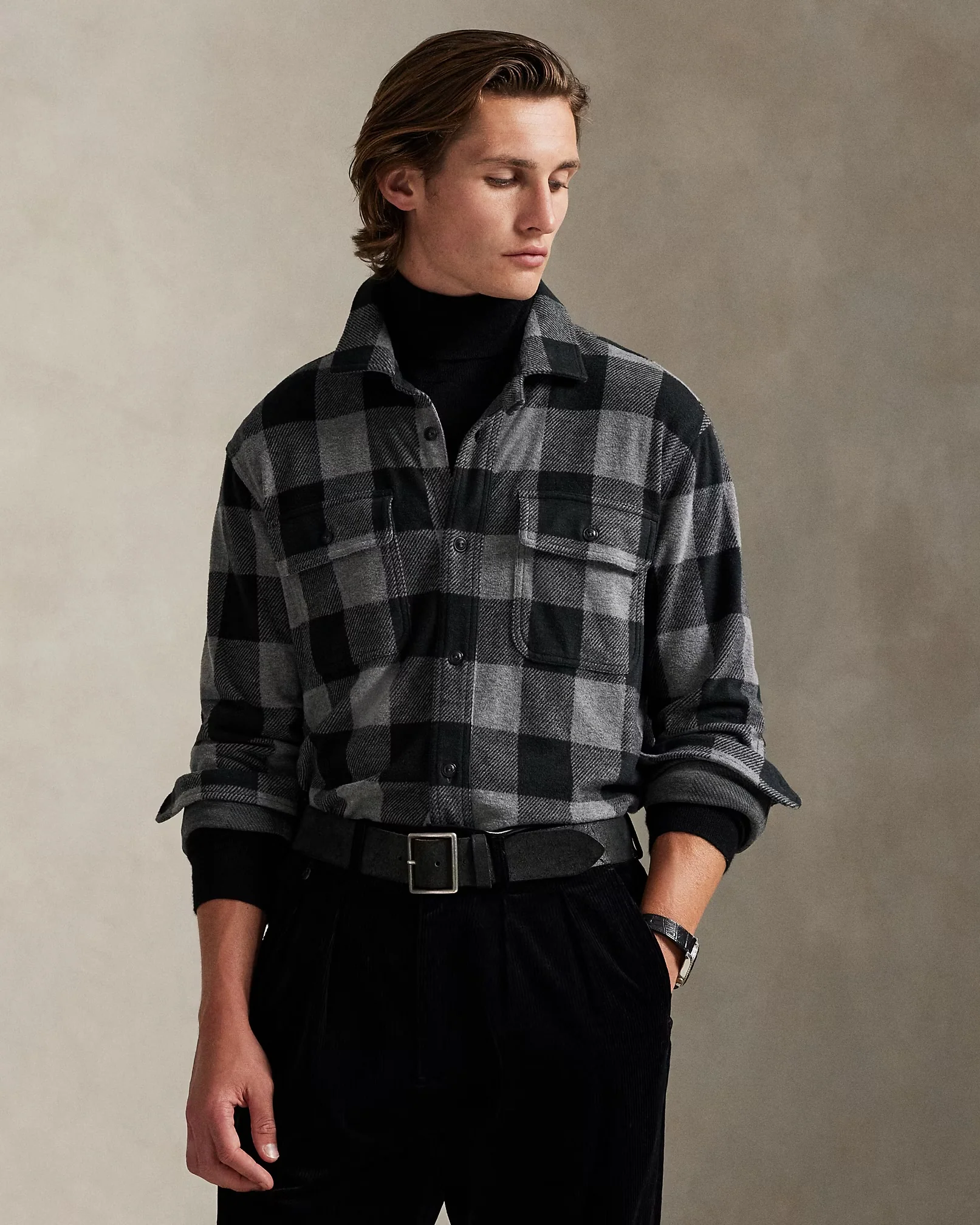 Polo Ralph Lauren - Knit Flannel Overshirt in Black/Grey Plaid - Image 2