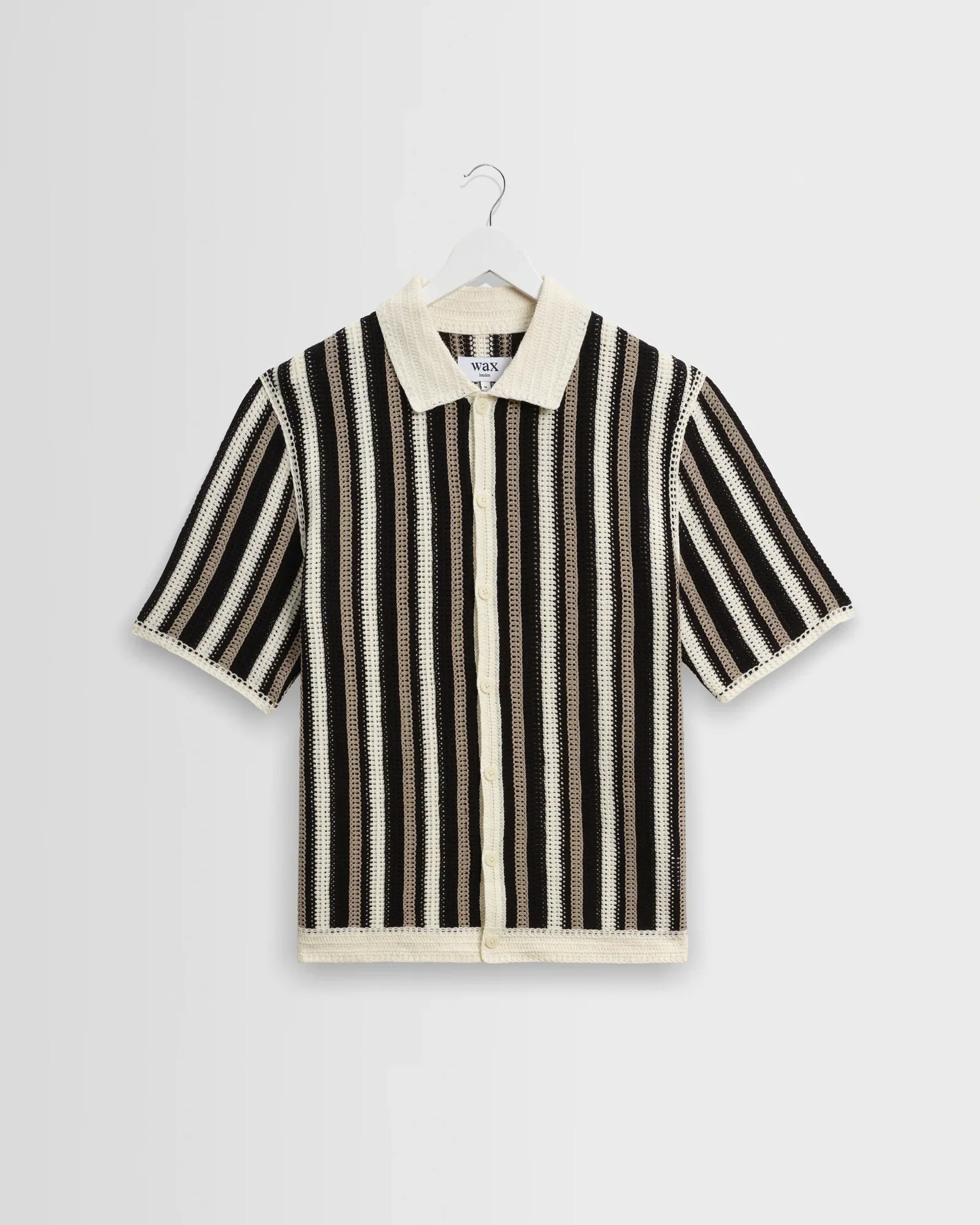 Wax London - Porto Crochet Knitted Shirt in Ecru And Black Stripe