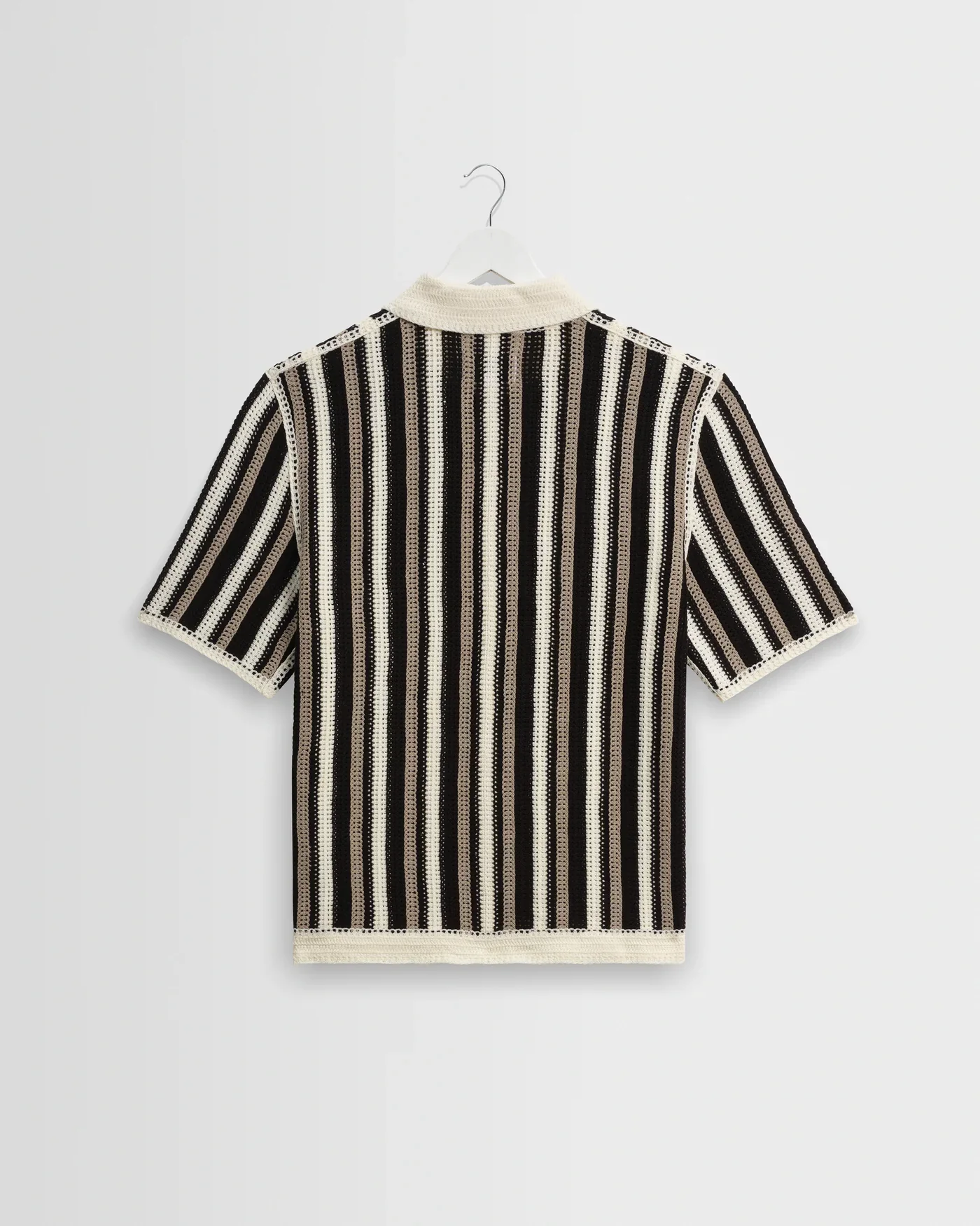 Wax London - Porto Crochet Knitted Shirt in Ecru And Black Stripe - Image 2